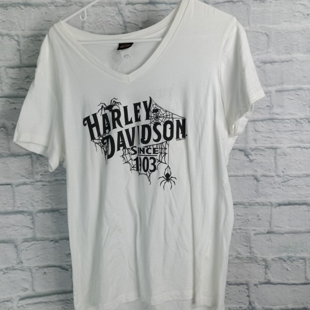 Harley Davidson Womens XL White V-Neck T-Shirt Spider Web Thunder Road Danville